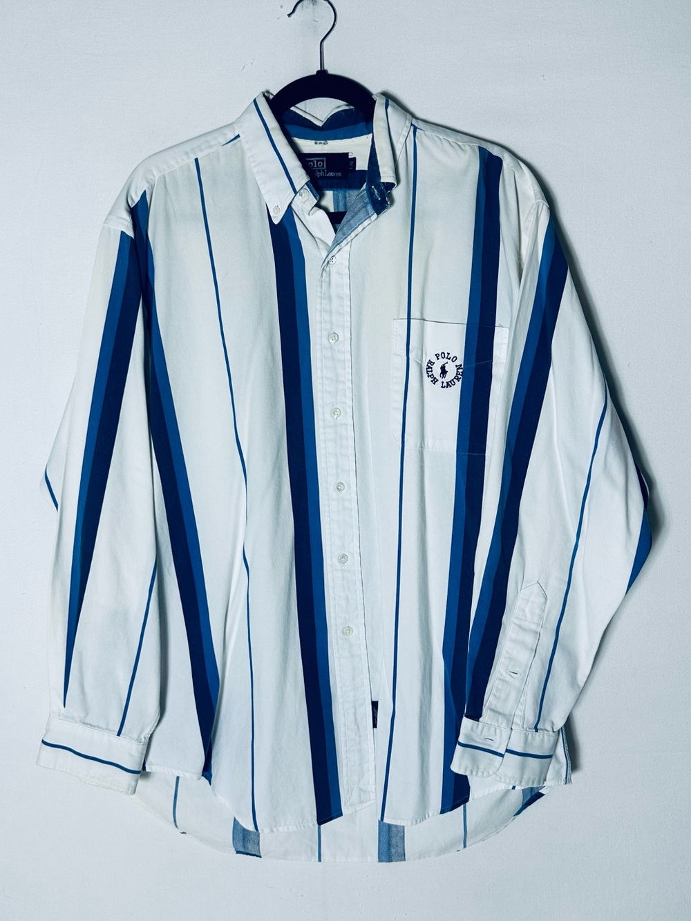 Vintage 90s Polo Ralph Lauren Crest Striped Button Up Shirt L White Blue Preppy